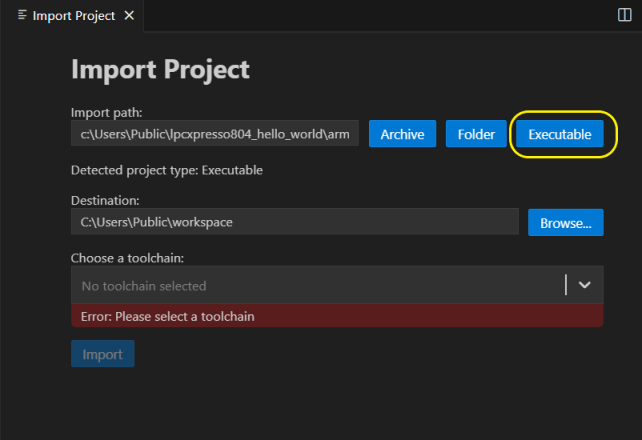 Import Executable Project