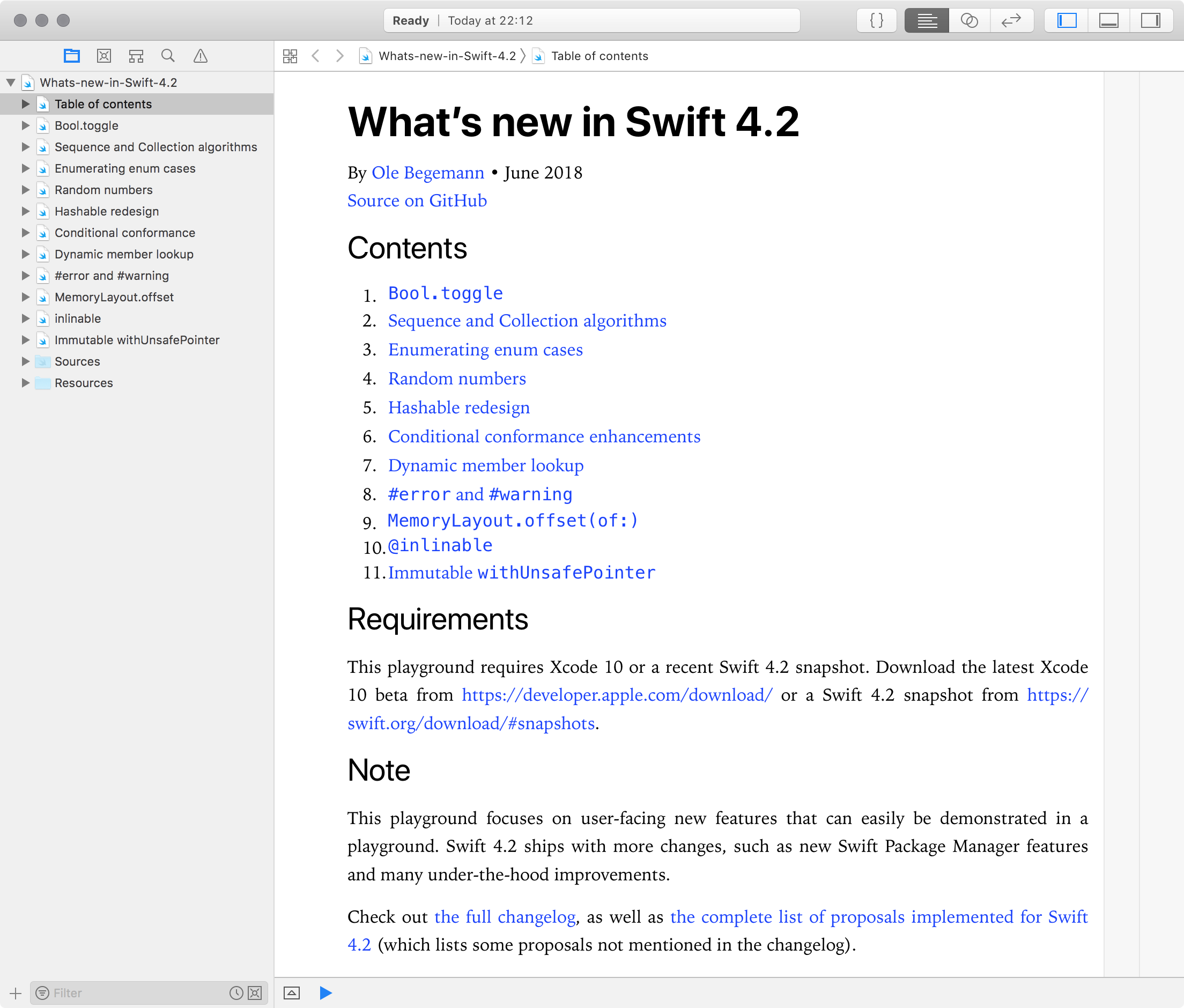 Screenshot of the tables of contents