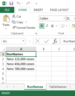 Model run names in Excel