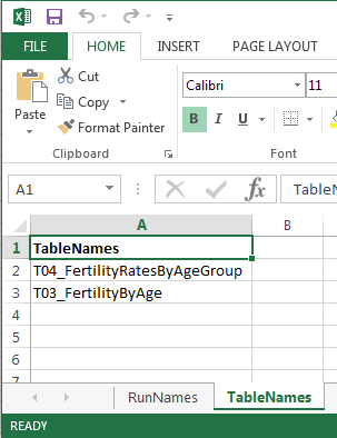 Output table names in Excel
