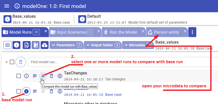 OpenM++ UI: select model runs to compare microdata