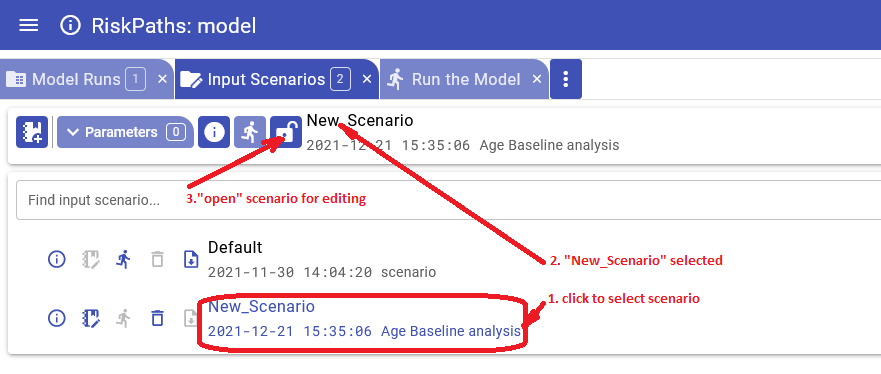 OpenM++ UI: Select existing scenario to edit