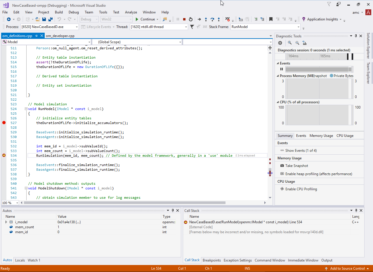 Debug model in Visual Studio