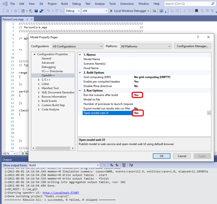Run model and open UI from Visual Studio