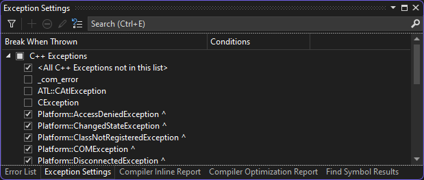 Turn on C++ Debug Exception Settings in Visual Studio