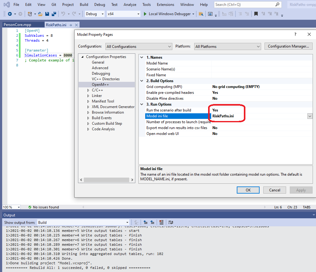 Use model ini-fle as openM++ property in Visual Studio