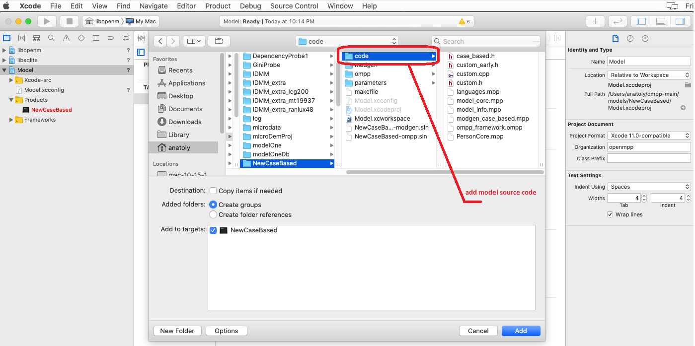 Add model source code to Xcode project