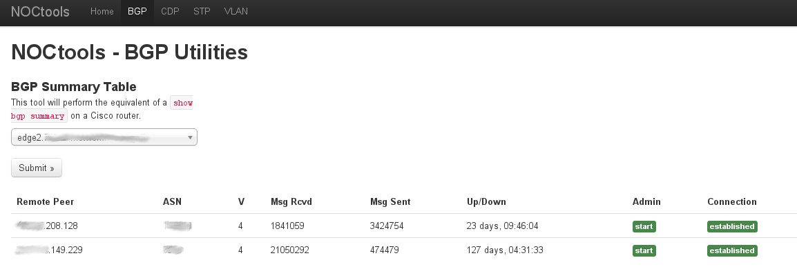 Screenshot of BGP Summary functionality