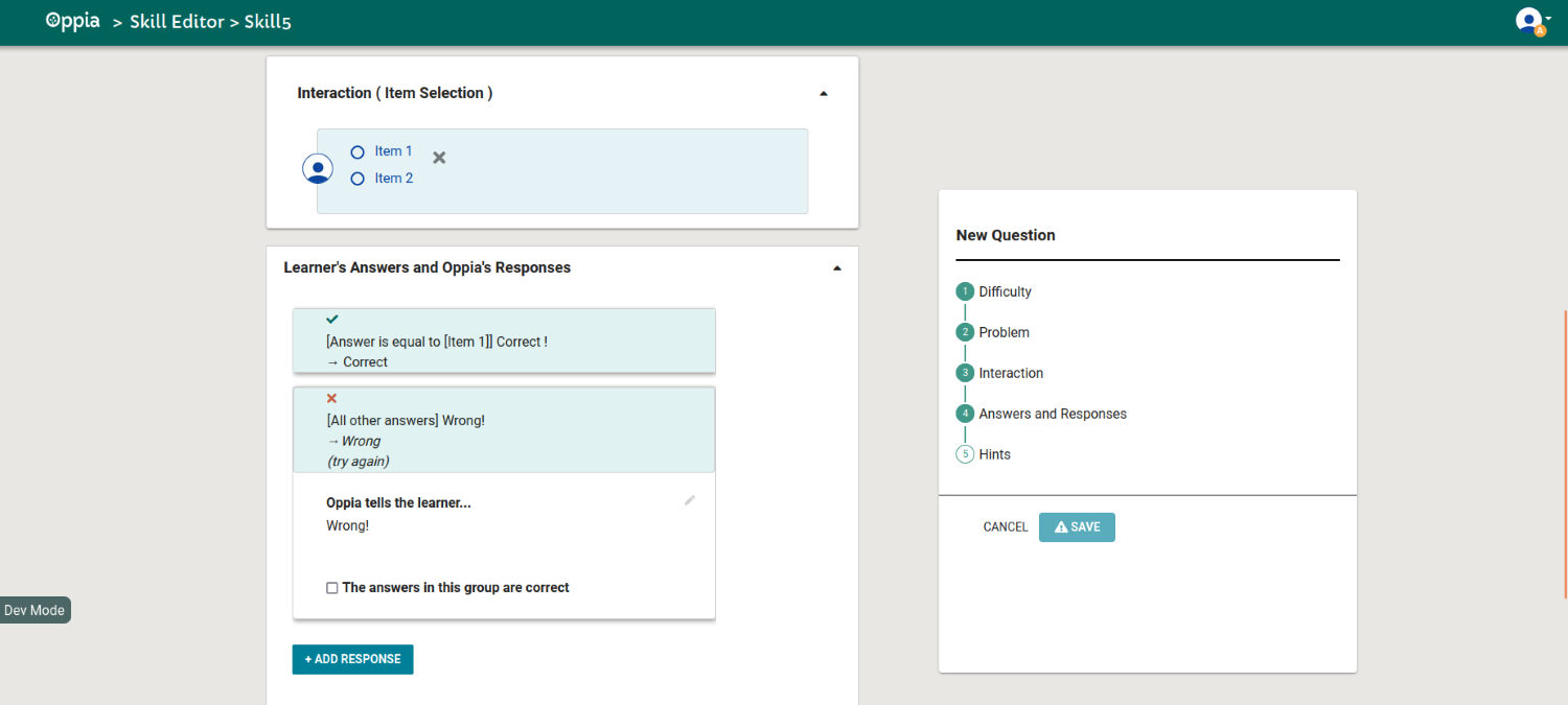 Screenshot of interaction and answers and responses sections