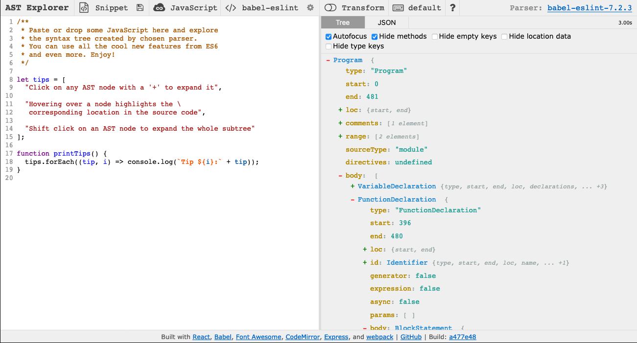 A screenshot of AST Explorer with some JavaScript code on the left and the corresponding AST on the right.