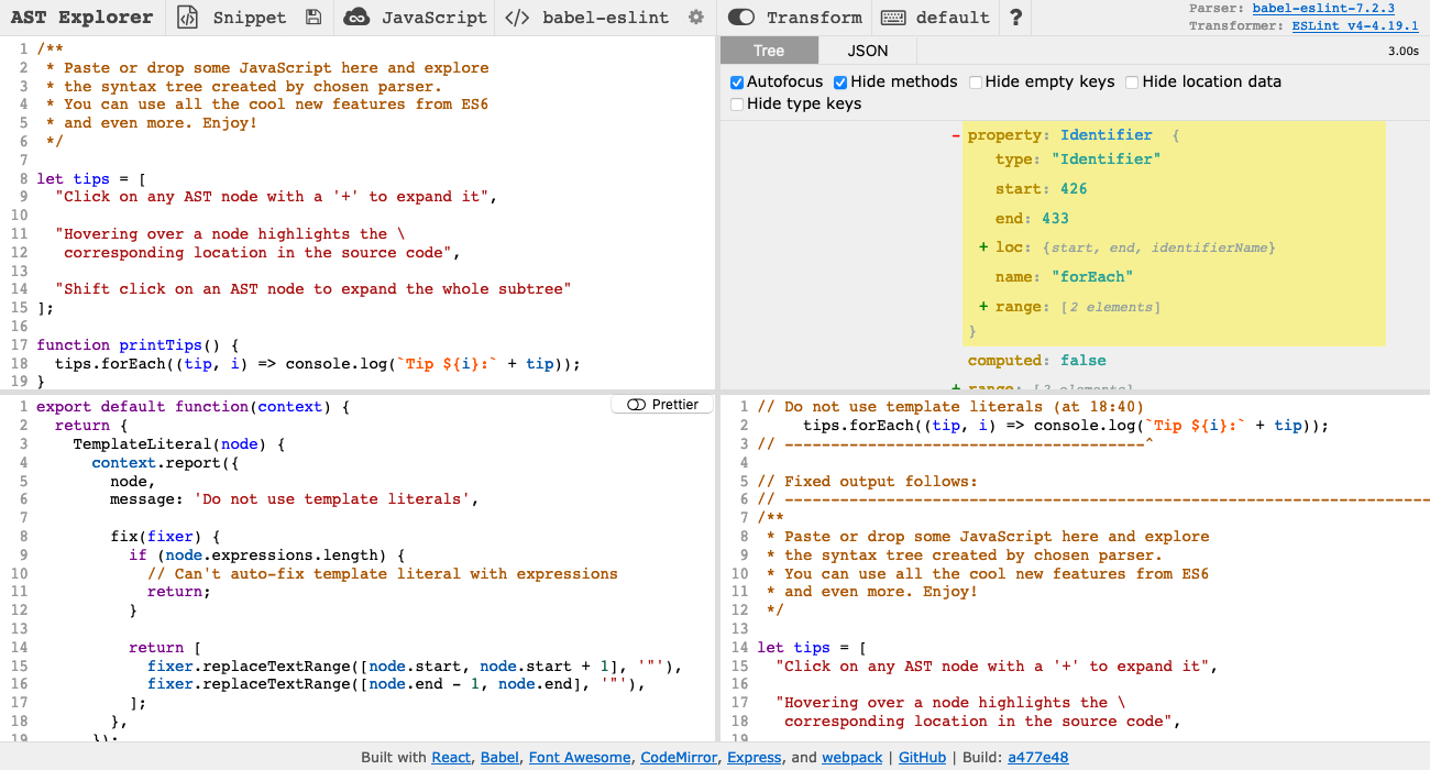 A screenshot of AST Explorer with JavaScript code in the upper left, the corresponding AST in the upper right, a lint rule in the lower left, and the result of running the linter in the lower right
