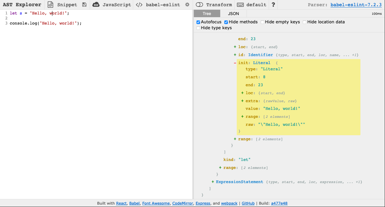 Screenshot of AST Explorer with our "Hello, world!" code examples.