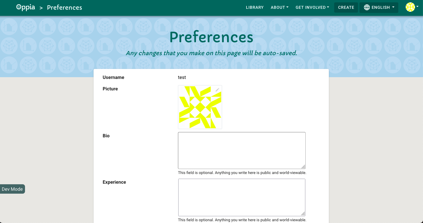 Preferences page with experience field correctly labeled.