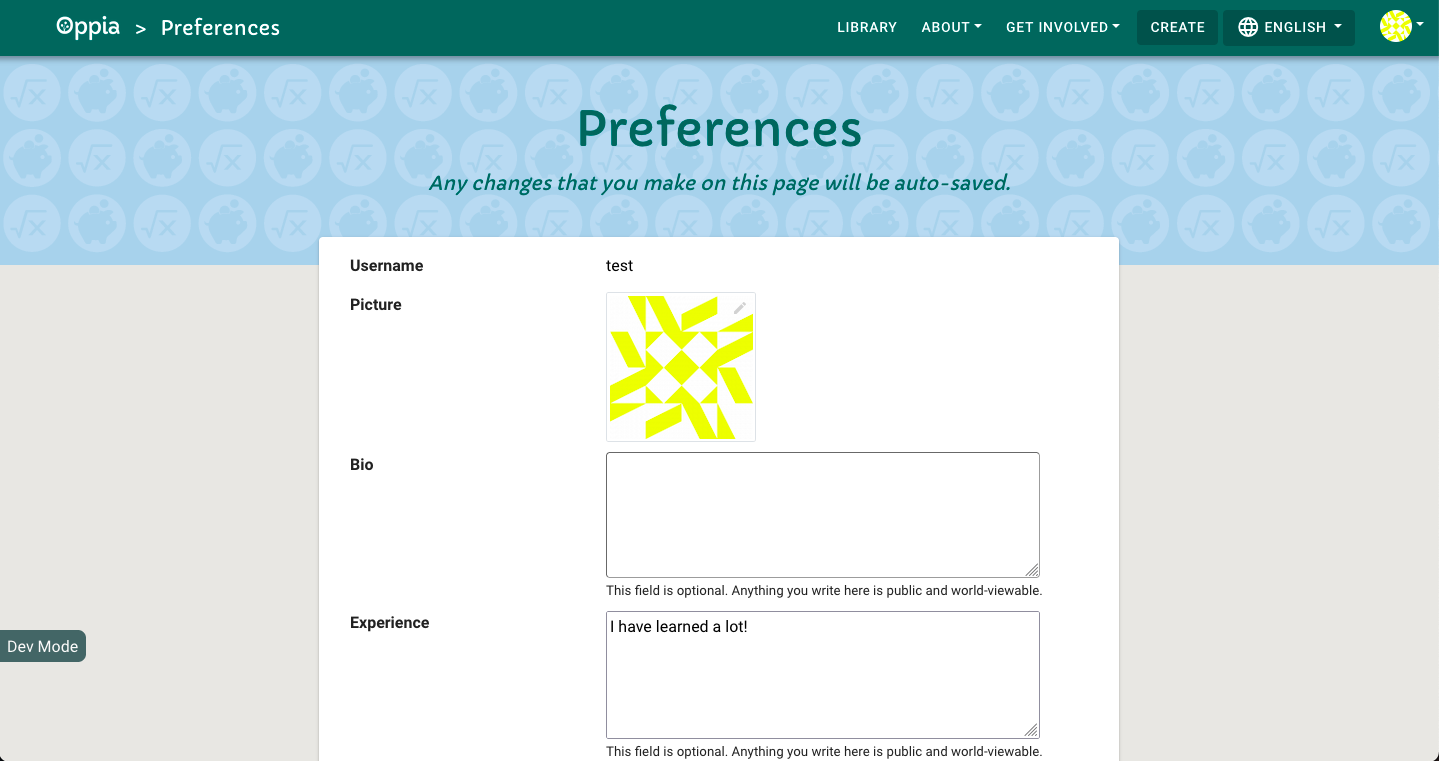 Preferences page with default experience text.