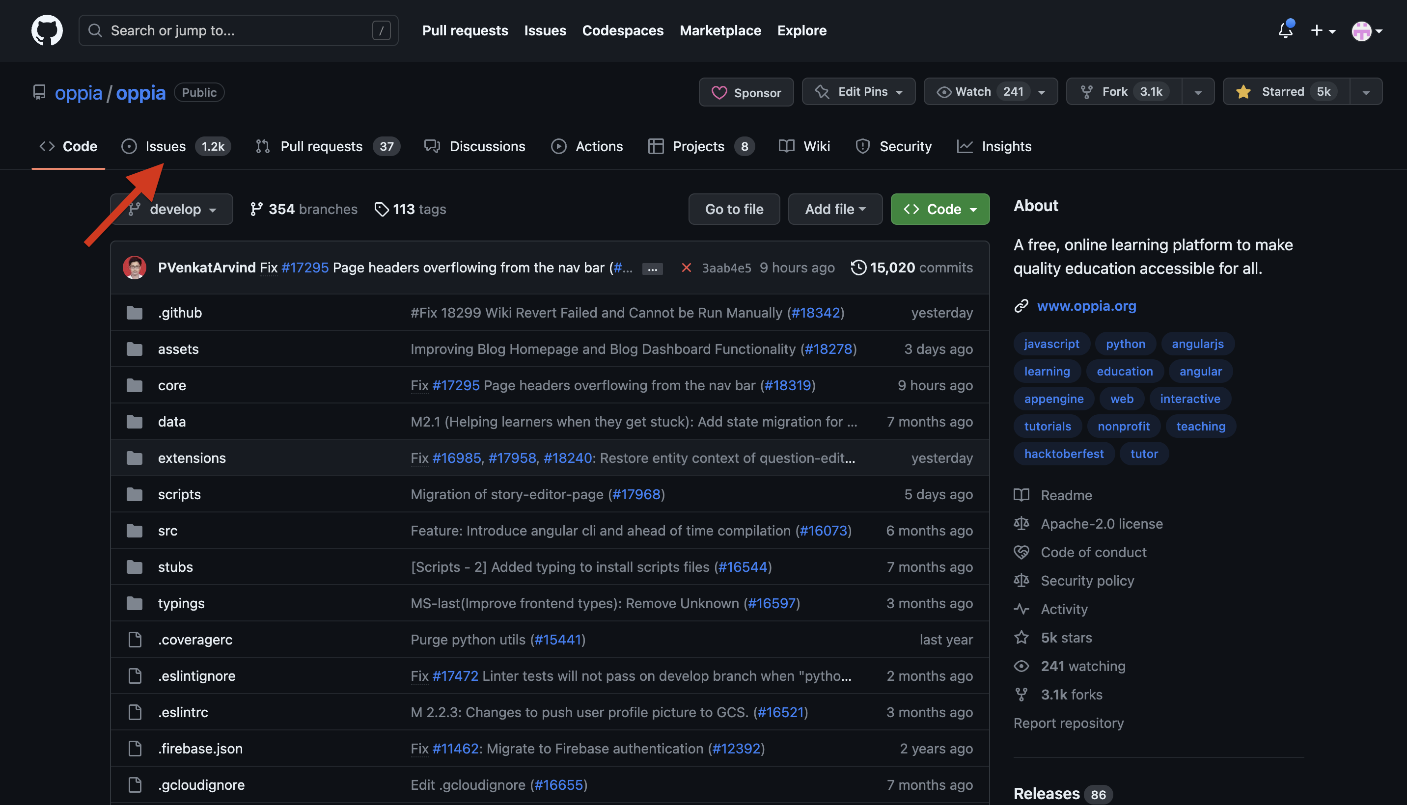 Screenshot showing link to the issue tab
