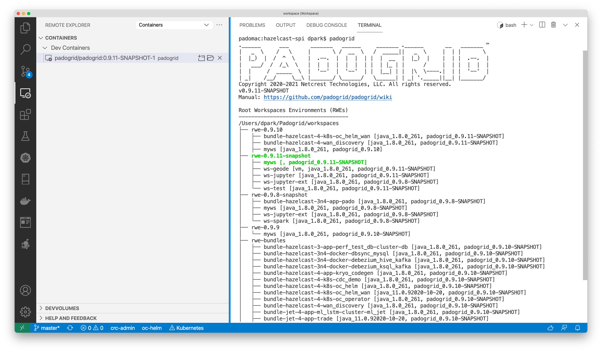 PadoGrid Docker in VS Code