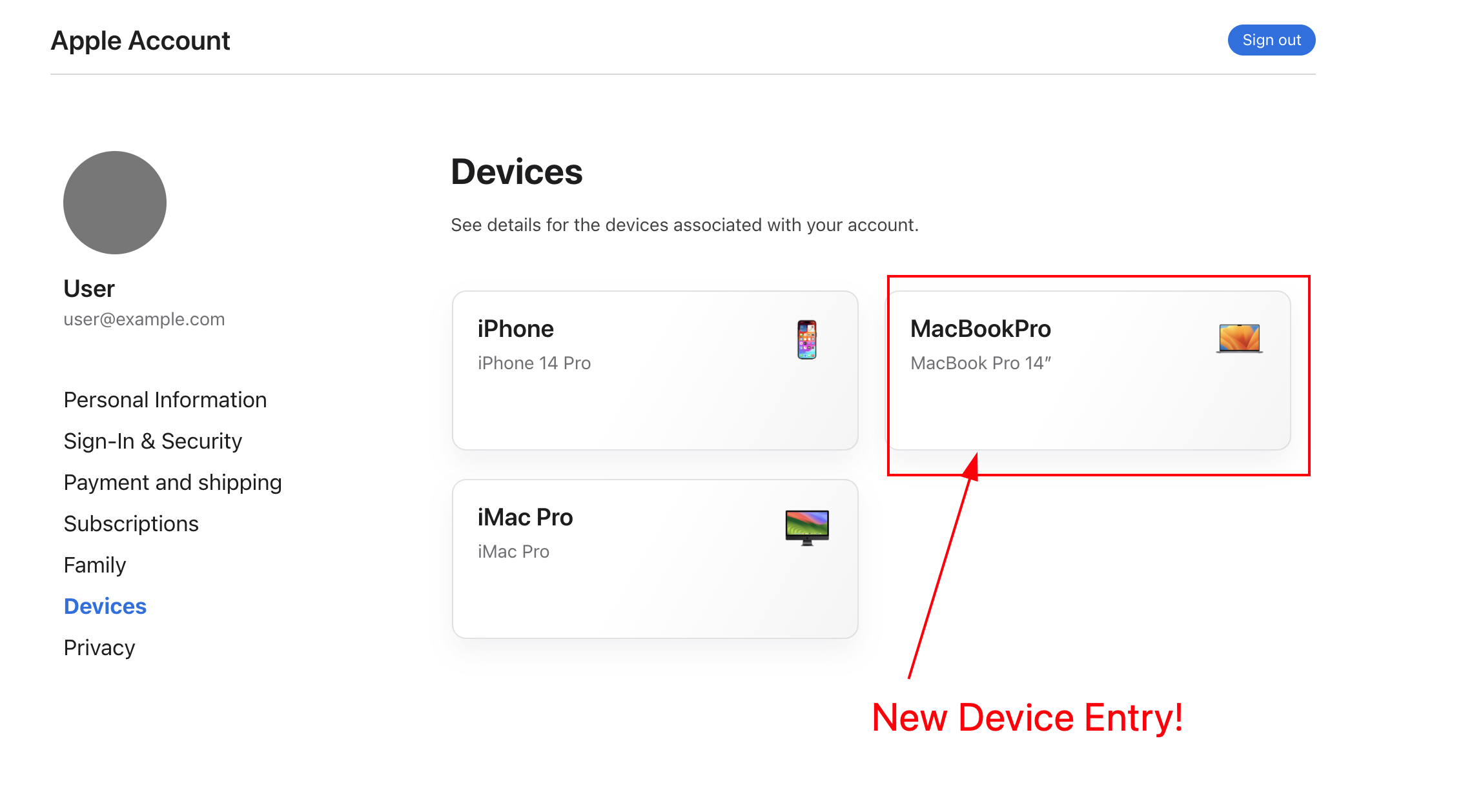 The new entry in the Apple device list