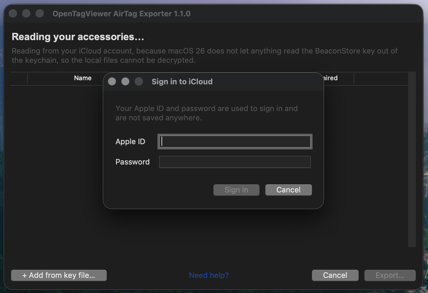 The sign-in dialog