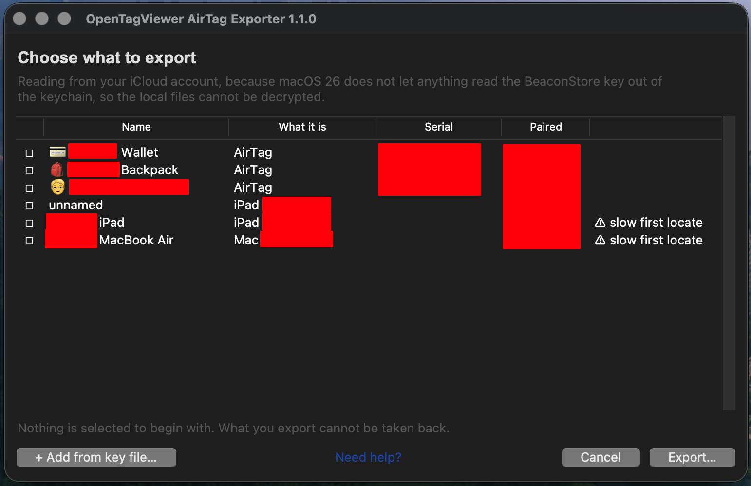 The list of things that can be exported