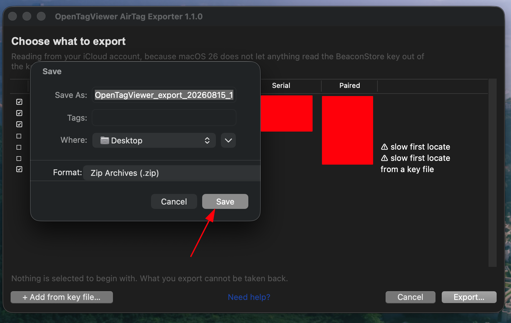 Saving the export