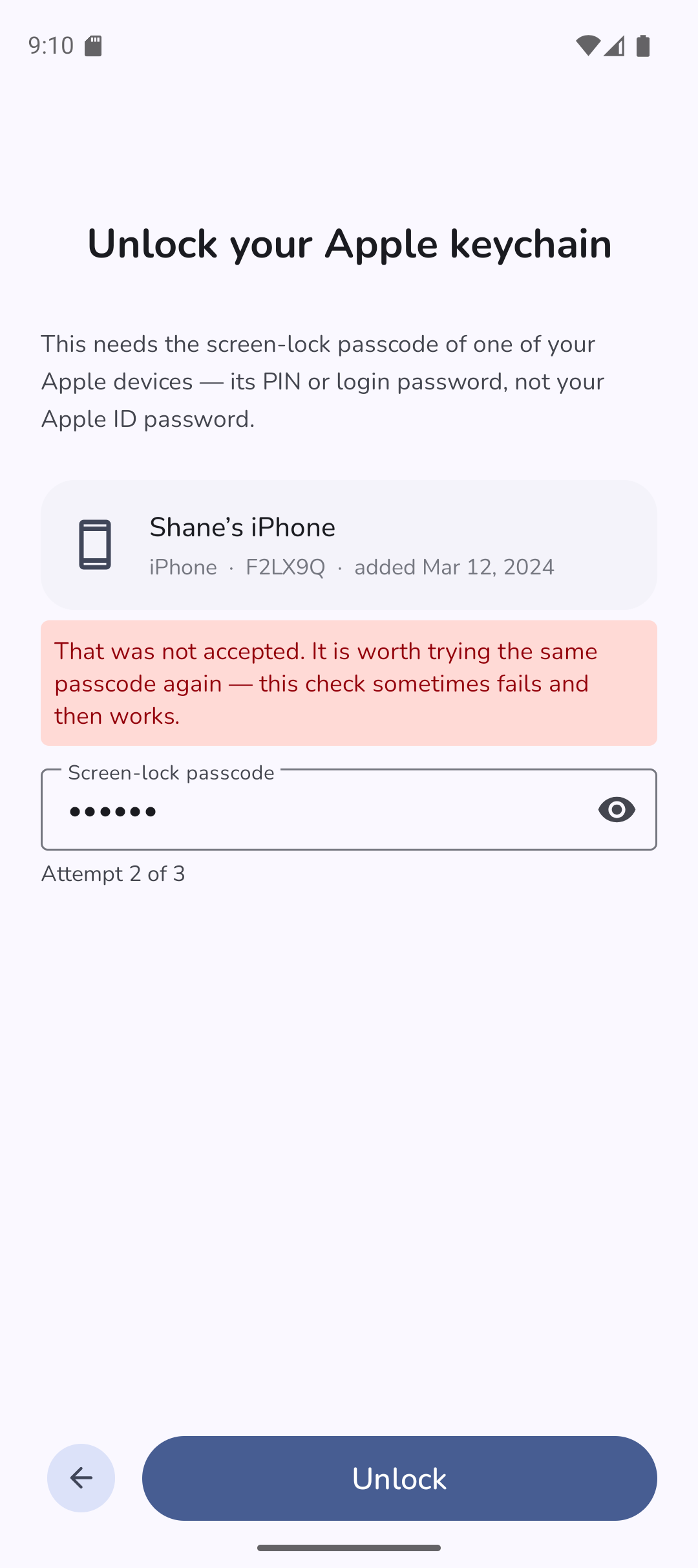 passcode rejected