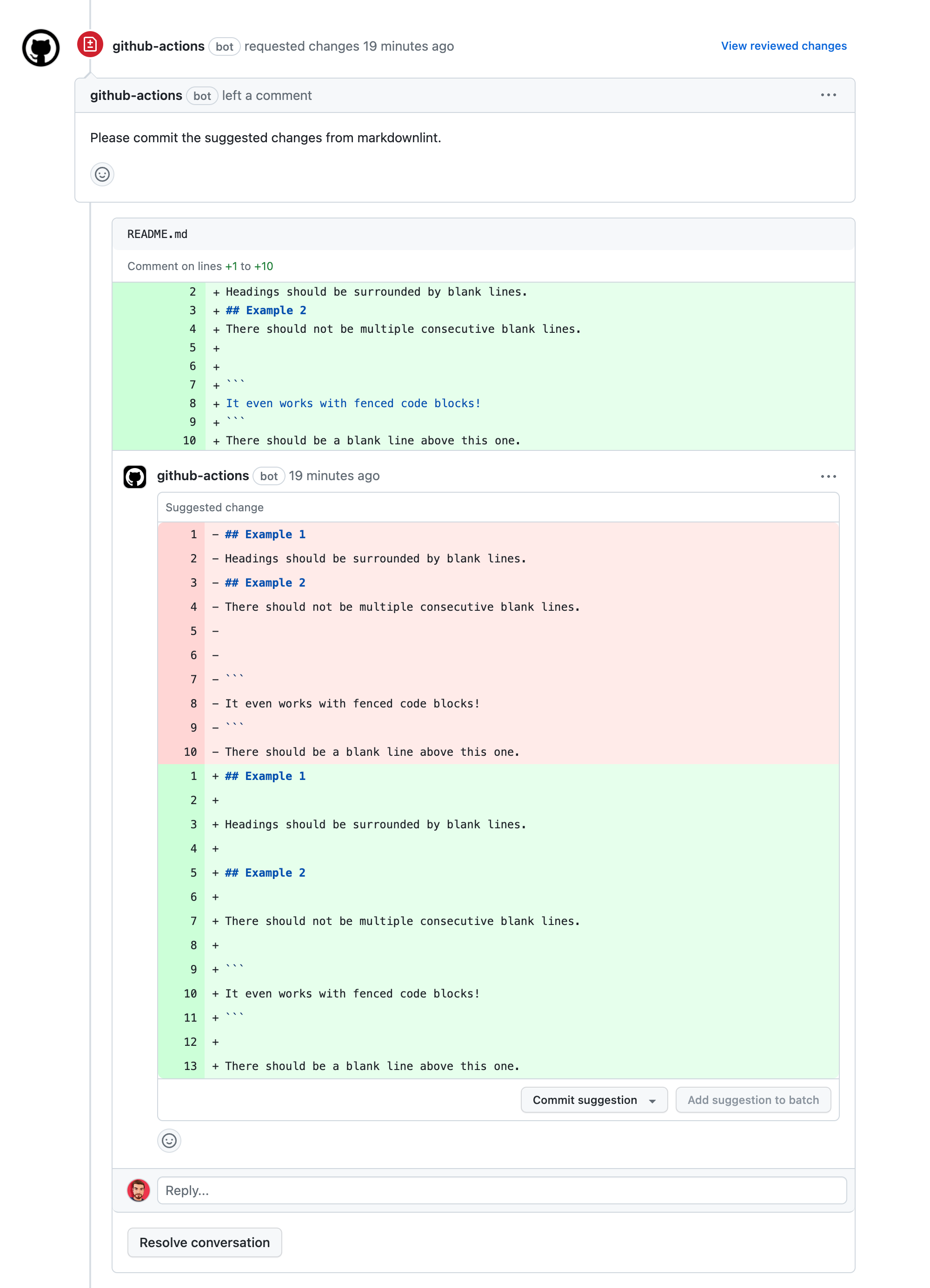 A screenshot showing an automated pull request review with suggested changes