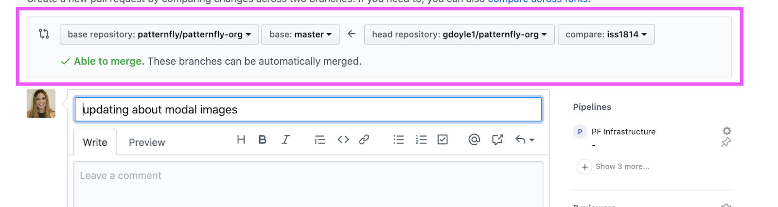 creating a pull request screen in GitHub