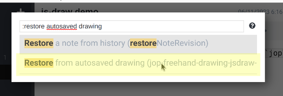 screenshot: Command palette shows :restore autosave as search query, second result "Restore from autosaved drawing" is highlighted.