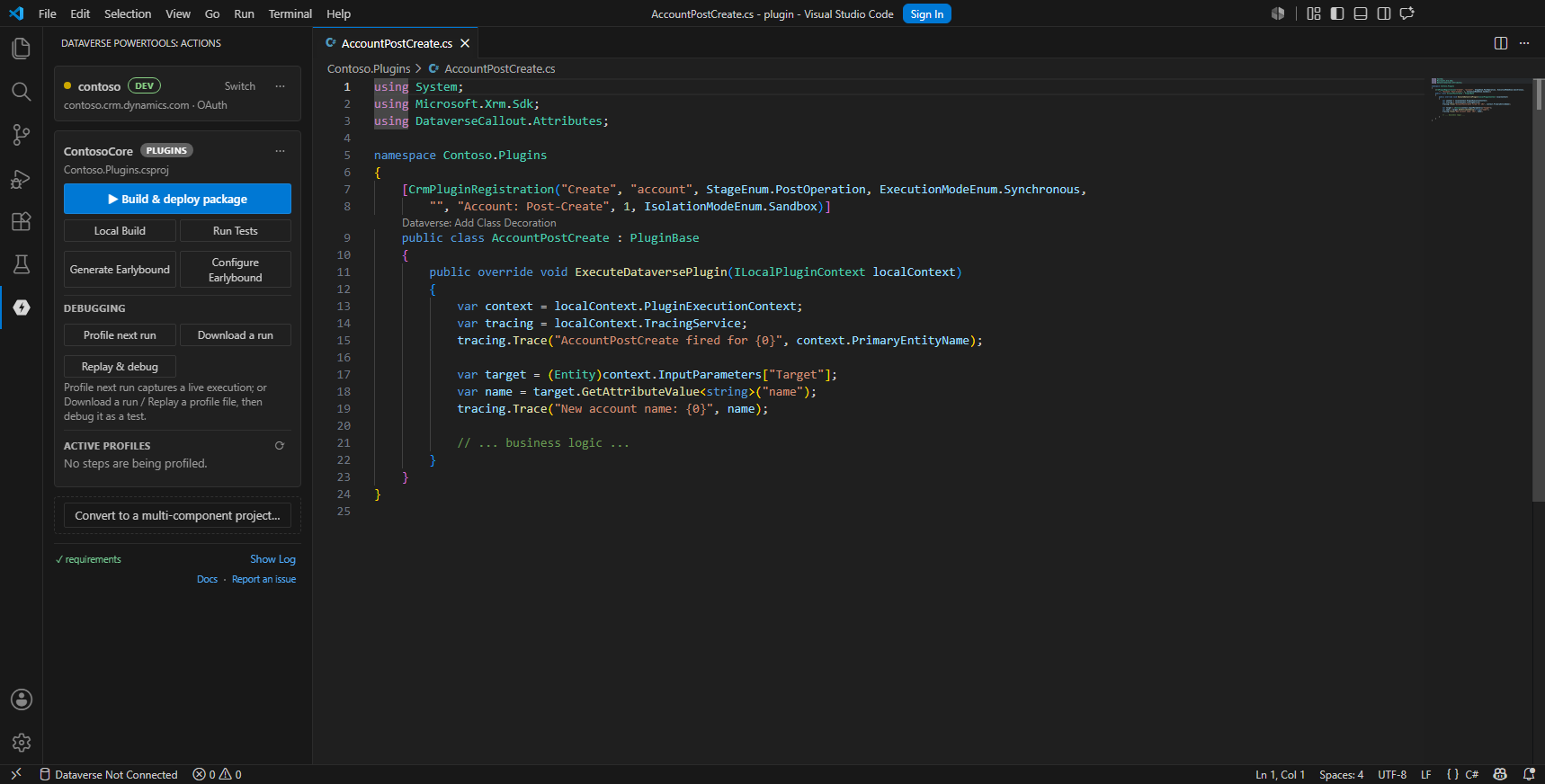 The Profile & Debug CodeLens on a decorated plug-in class, with the Debugging block in the panel