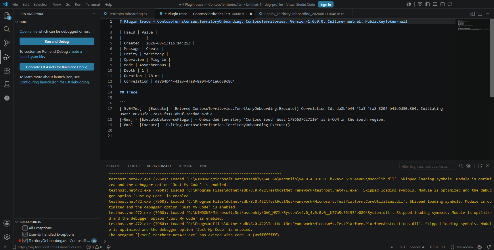 A rendered plug-in trace log — type, message, timings and the Trace() output