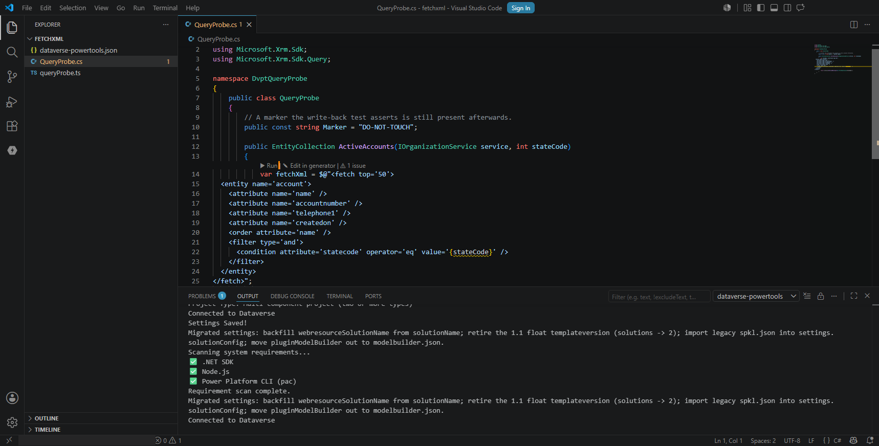 The Run, Edit in generator and issue-count CodeLens above FetchXML in a C# file
