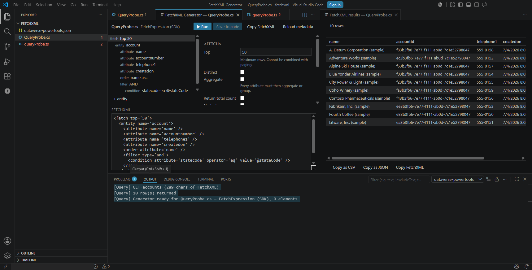 The FetchXML Generator: the query tree, the properties panel, the FetchXML text and the parameters
