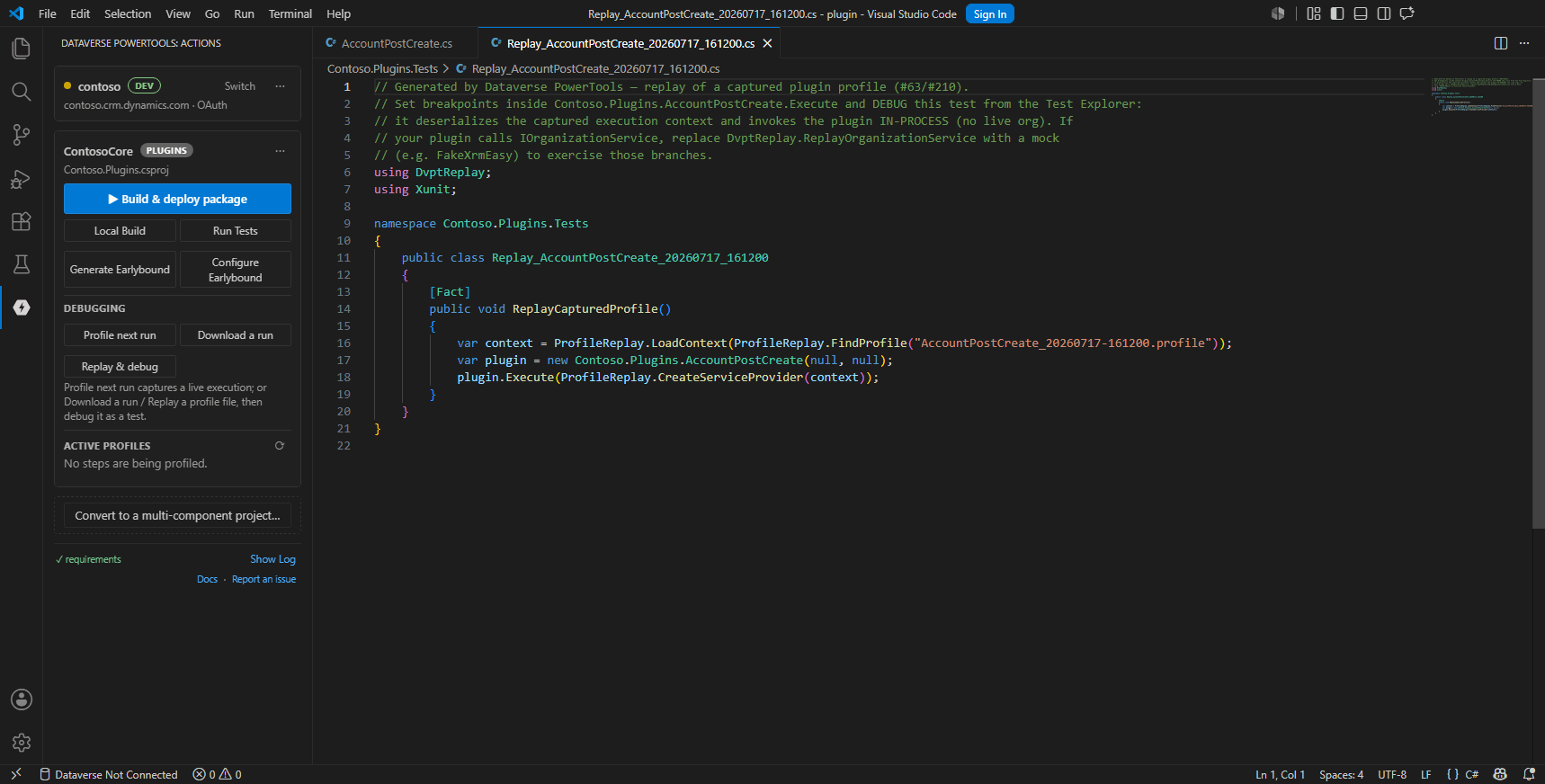 Plugin debugging in Dataverse PowerTools — the generated replay test, the replay running green in-process (no live org), and a rendered trace log