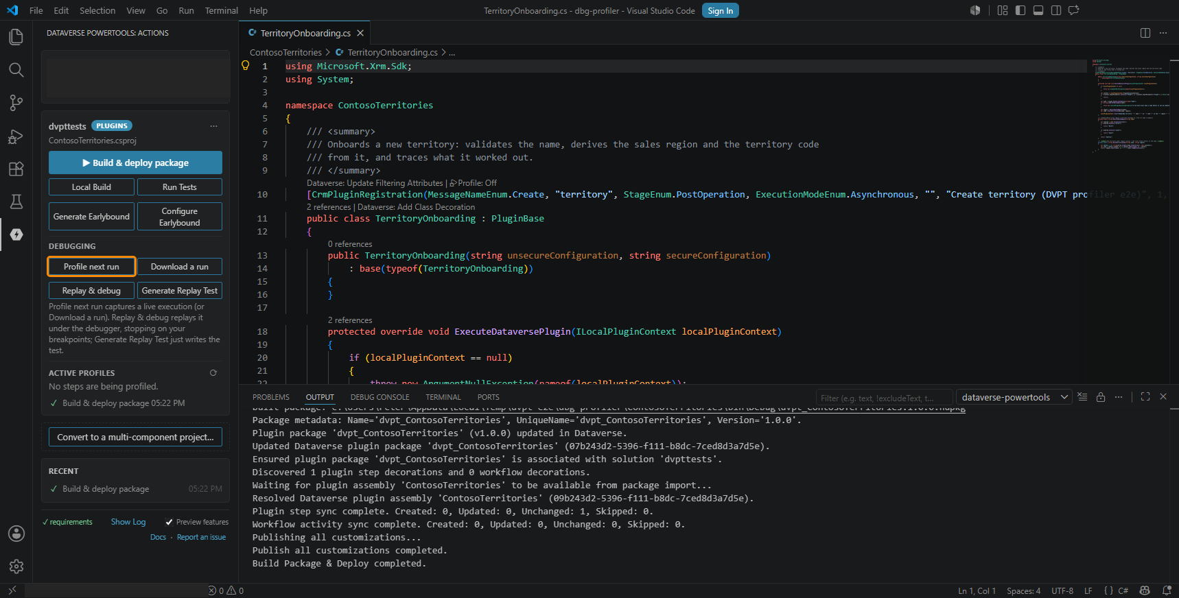 The Profile next run button in the Debugging block, outlined in orange