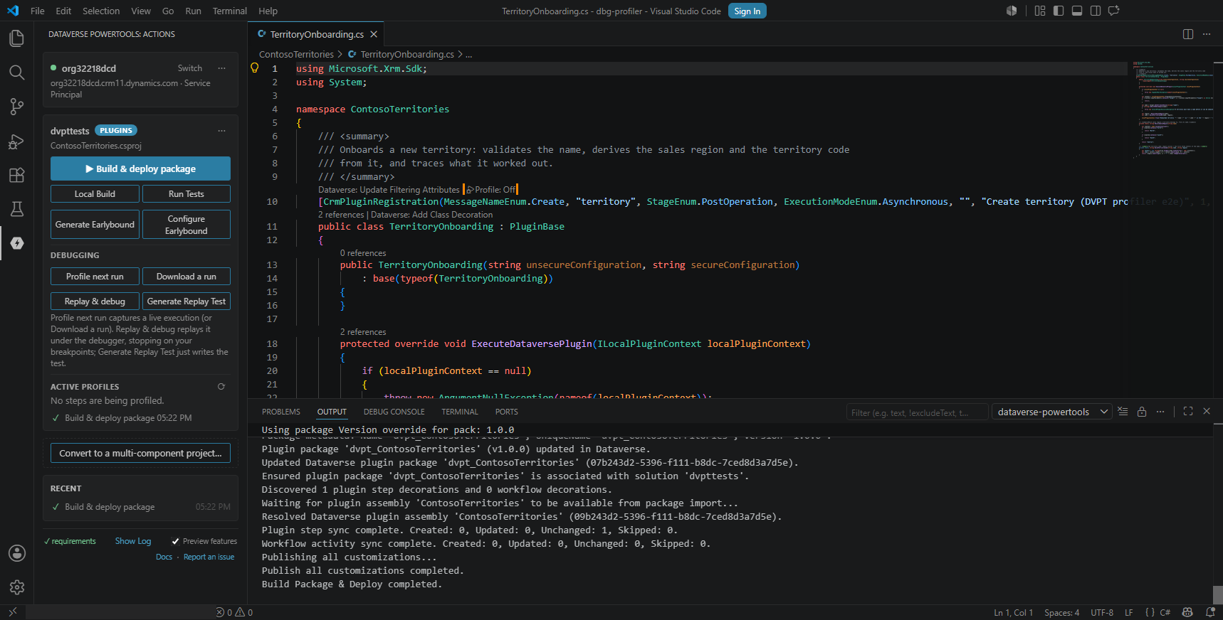 The Profile: Off CodeLens above a CrmPluginRegistration attribute, outlined in orange