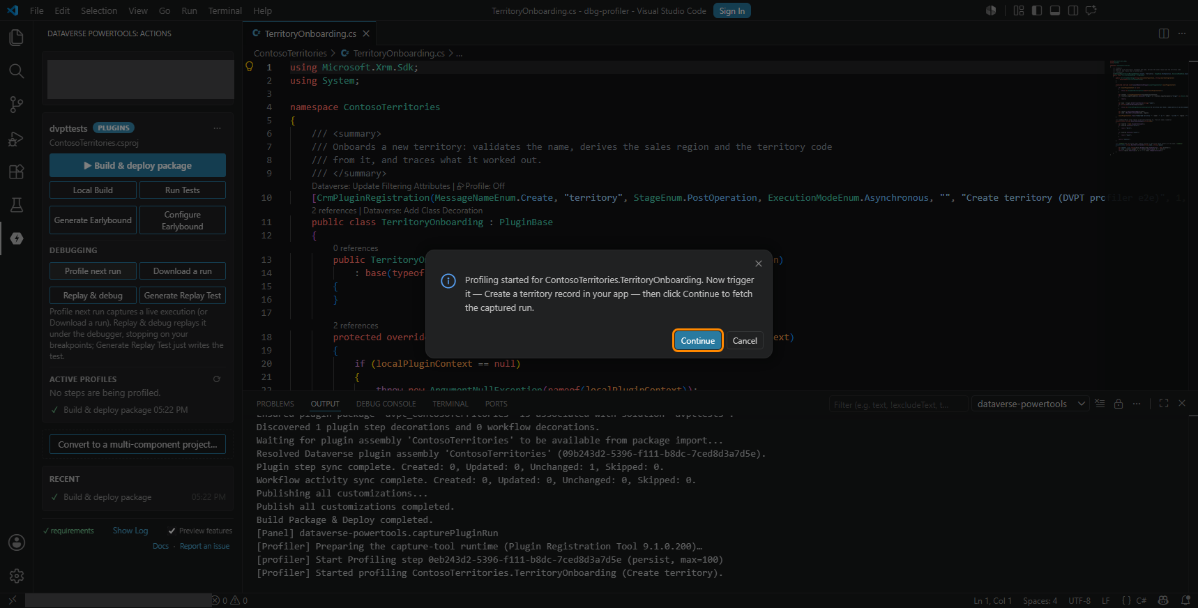 The dialog asking you to trigger the plug-in, with Continue outlined in orange