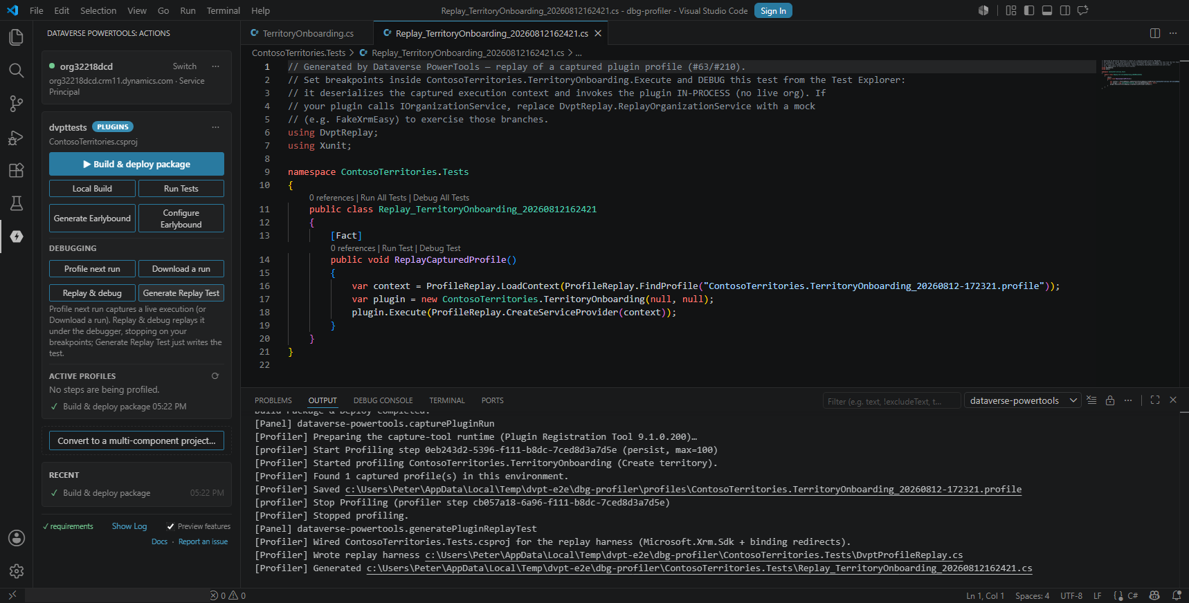 The generated Replay_<Type>_<timestamp>.cs open in the editor