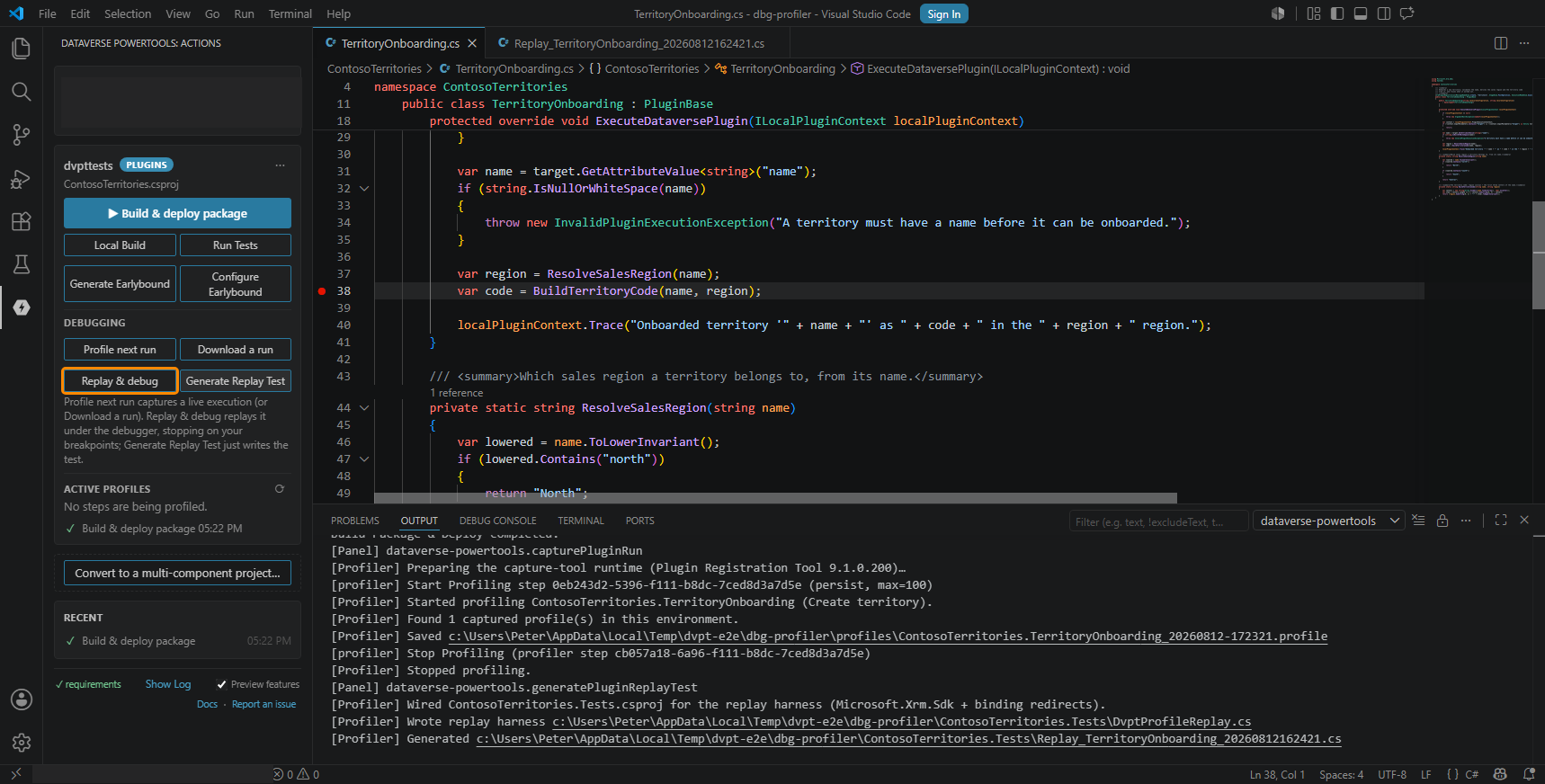 The Replay & debug button, outlined in orange