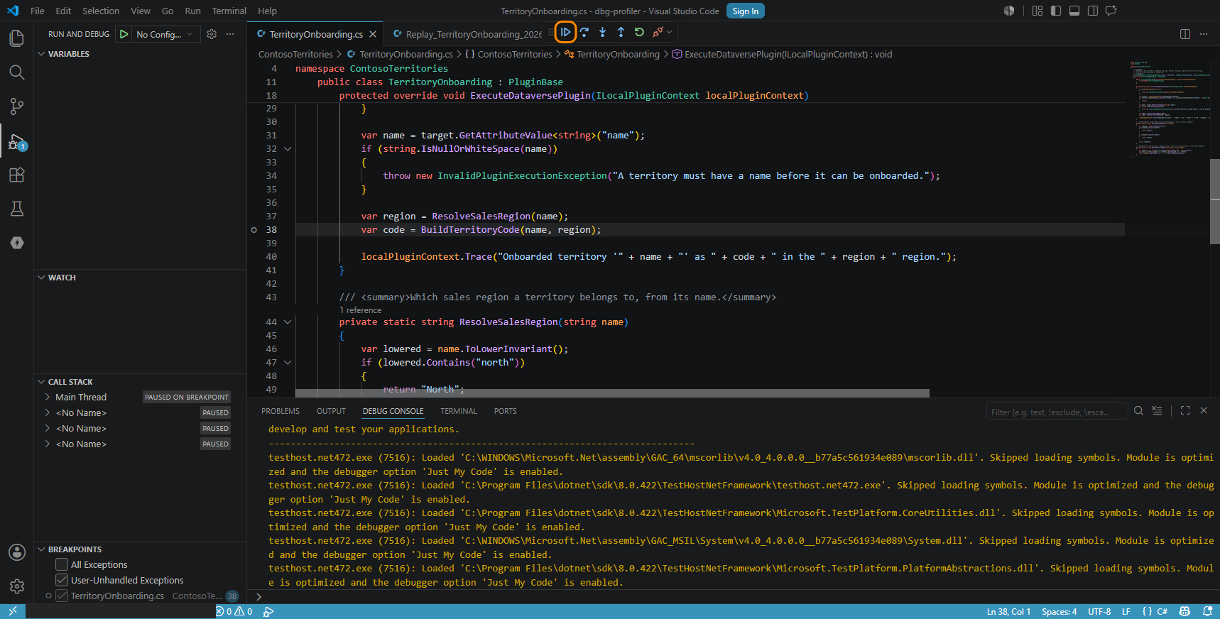 The debugger paused on the breakpoint inside the plug-in