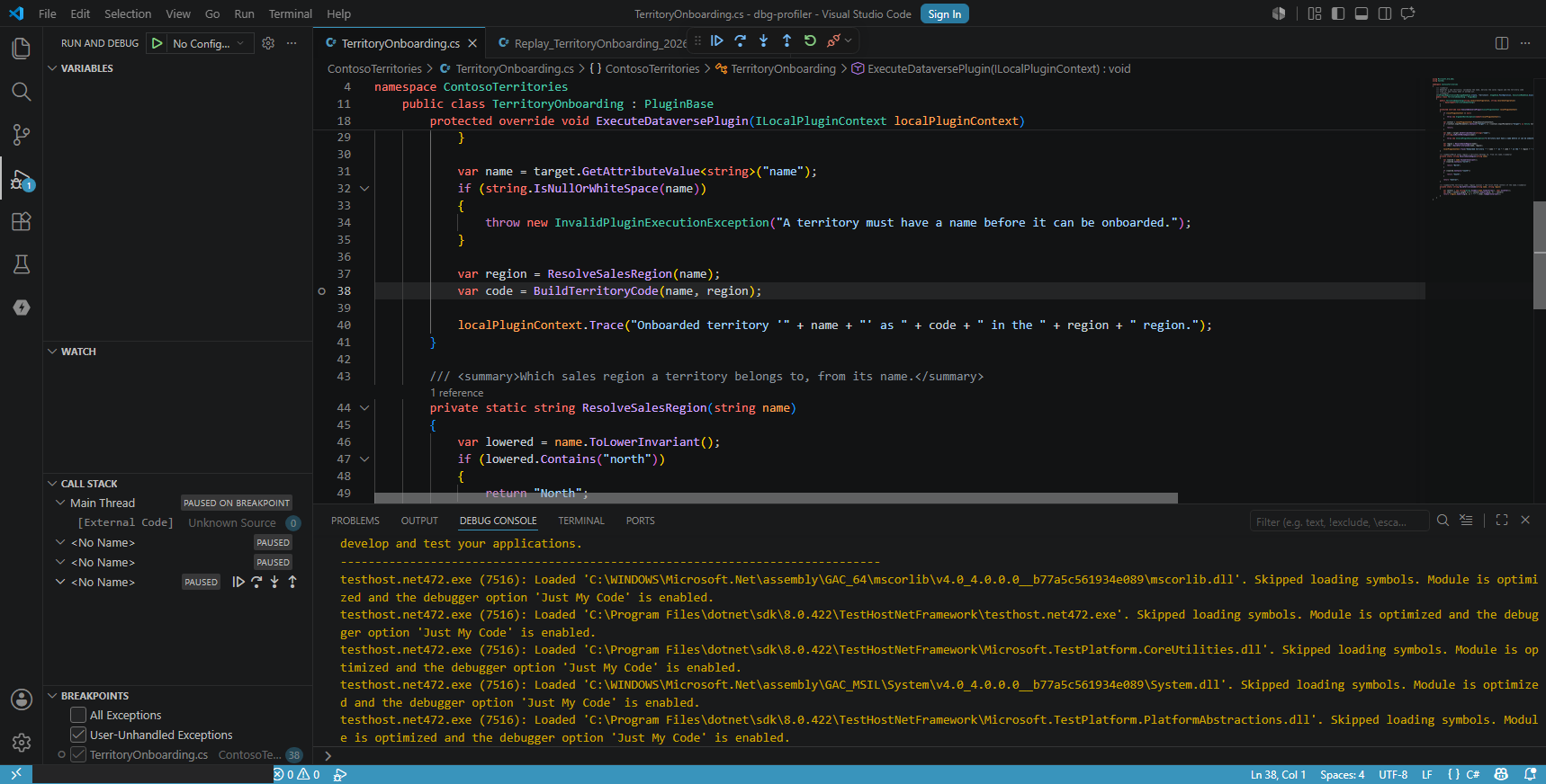The debugger paused inside the plug-in, with the call stack running from the test host into the plug-in's own methods