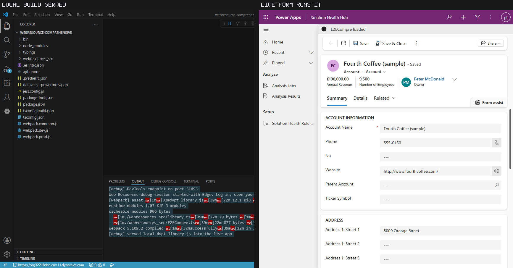 VS Code serving the local bundle beside the live form running it