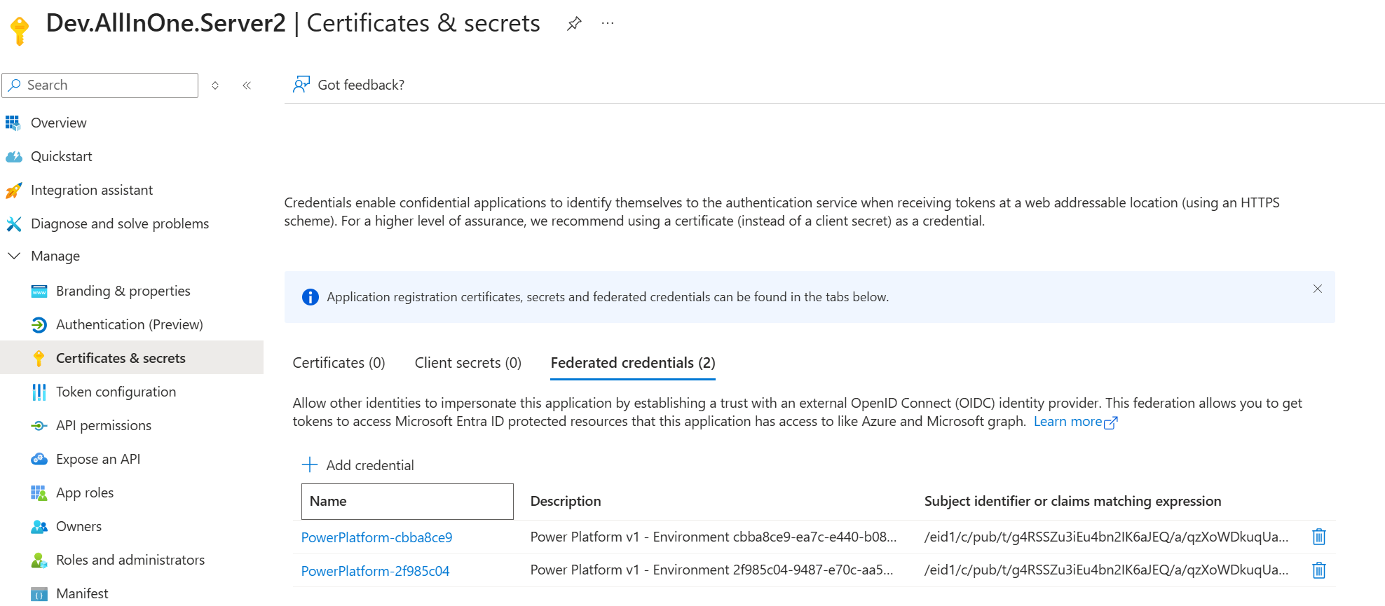 Multiple environment federated credentials