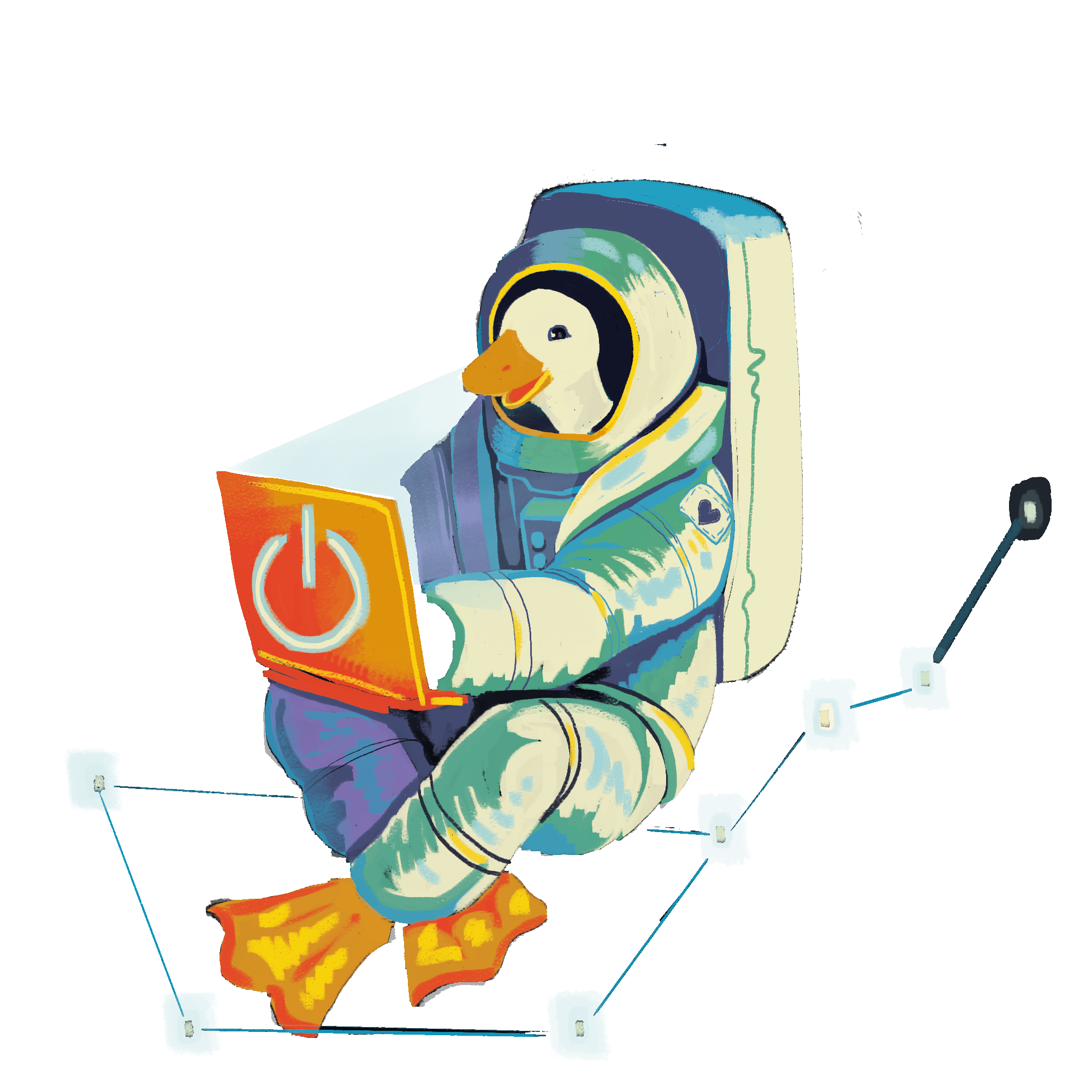Spaceduck logo–which is a duck in an astronaut suit typing on a laptop