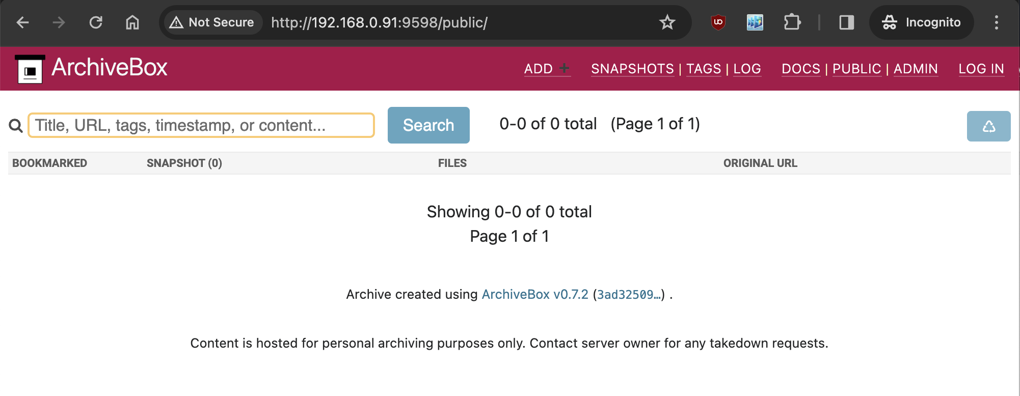 Screenshot ArchiveBox UI open in browser