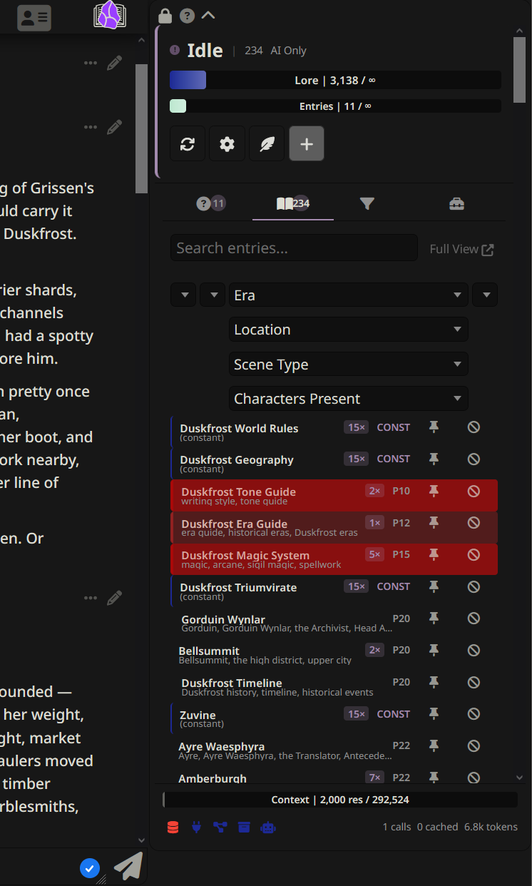 Browse tab with expanded filter dropdowns for Era, Location, Scene Type, and Character Present, showing a selected entry highlighted in red with CONST badges on always-inject entries