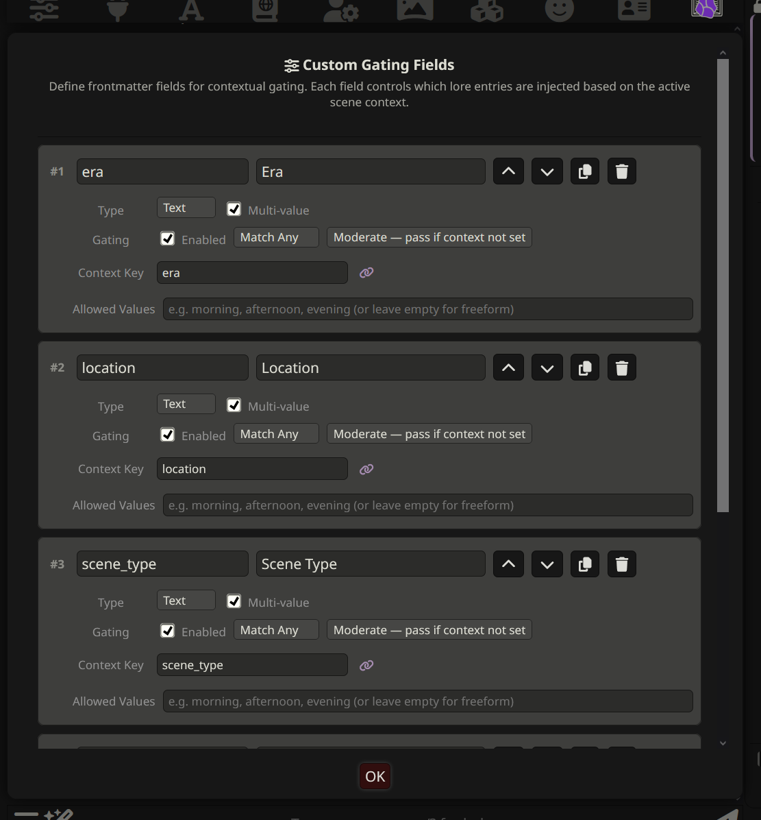 Custom Gating Fields editor showing three defined fields (era, location, and scene_type) each with Type, Gating operator, Context Key, Tolerance, and Allowed Values configuration