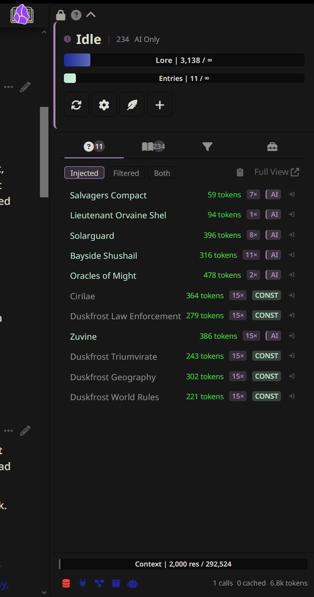 DeepLore drawer panel showing the Browse tab with a filterable entry list, token budget bar, priority badges, and temperature heatmap coloring