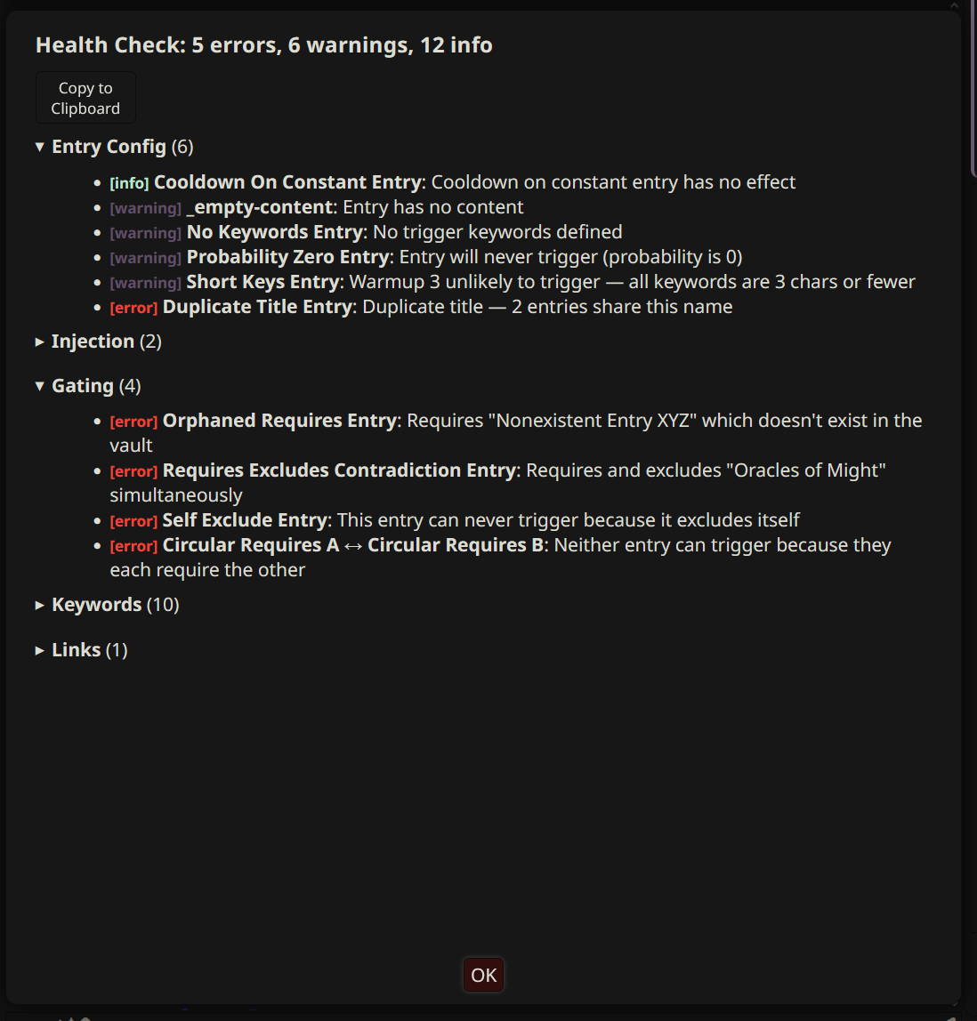 Health Check results showing 5 errors, 6 warnings, and 12 info items organized by category. Entry Config issues include cooldown on constant and duplicate titles. Gating issues include orphaned requires and circular dependencies