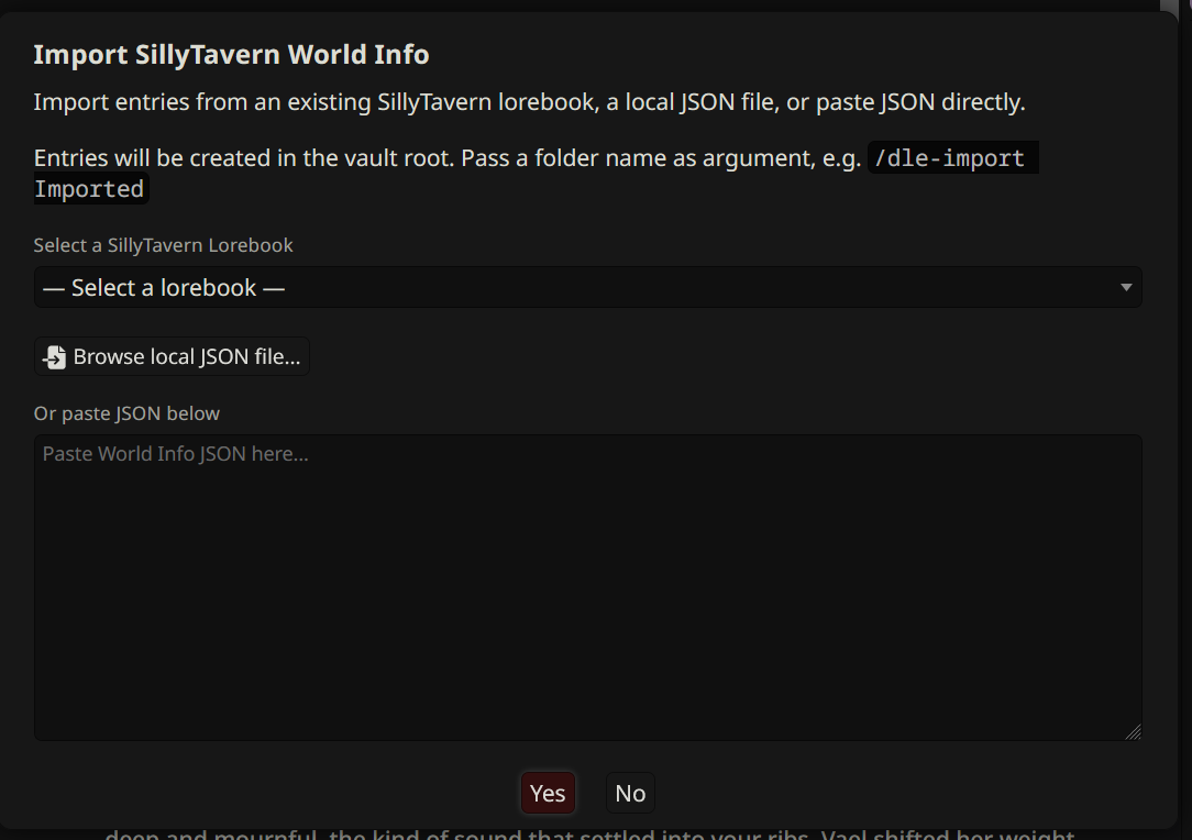 Import SillyTavern World Info popup with three options: select an existing lorebook from dropdown, browse a local JSON file, or paste JSON text directly