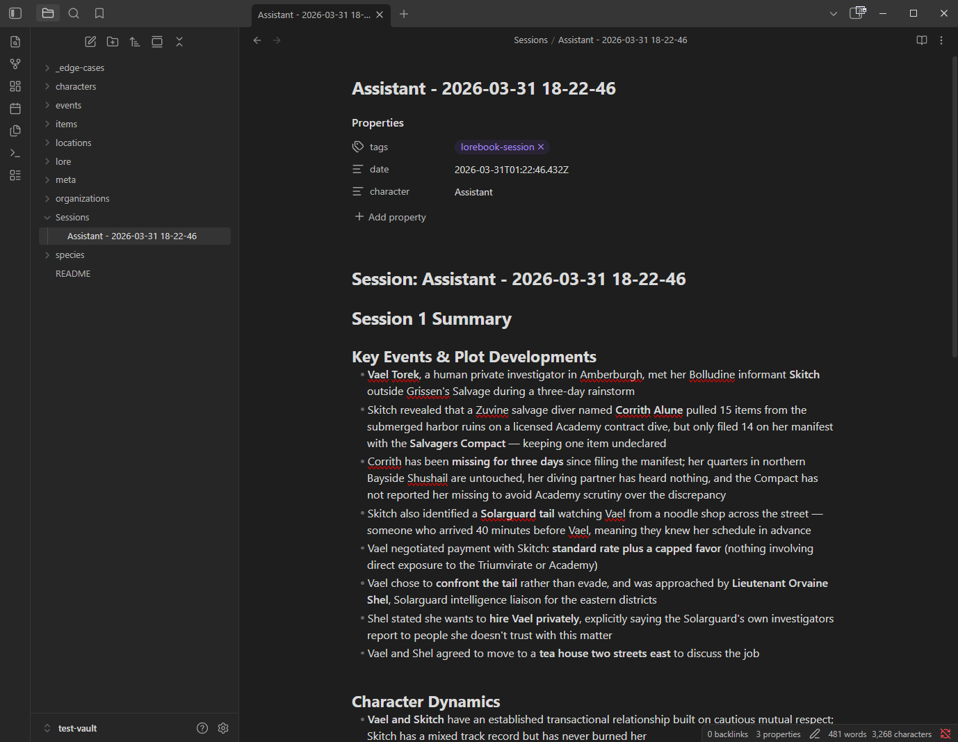 Session Scribe note in Obsidian showing a timestamped session summary with Key Events, Plot Developments, and Character Dynamics sections